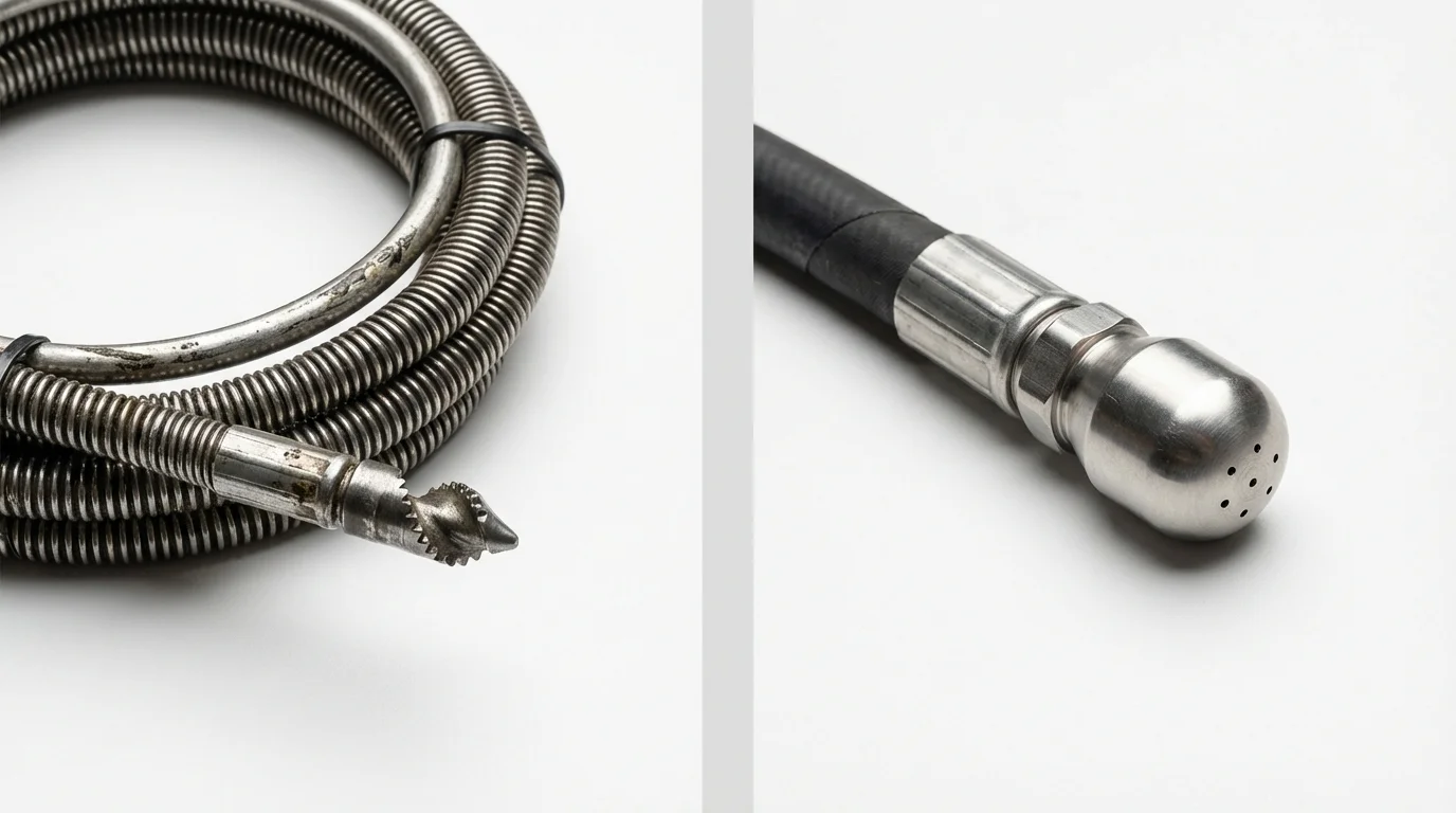 Drain snake cable and hydro jetting nozzle used for drain cleaning in Northport, NY