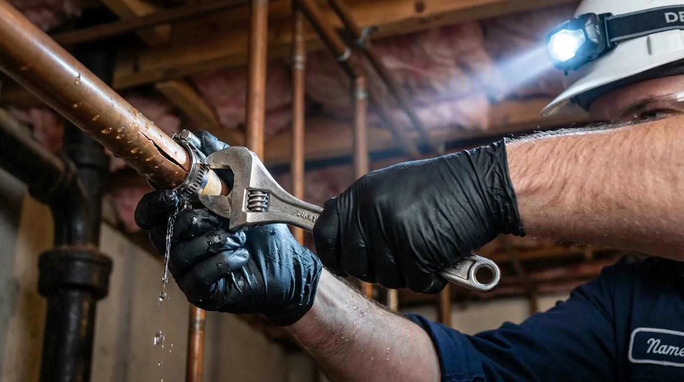 Emergency pipe clamp repair being performed by a Johns Plumbing LLC plumber in Northport