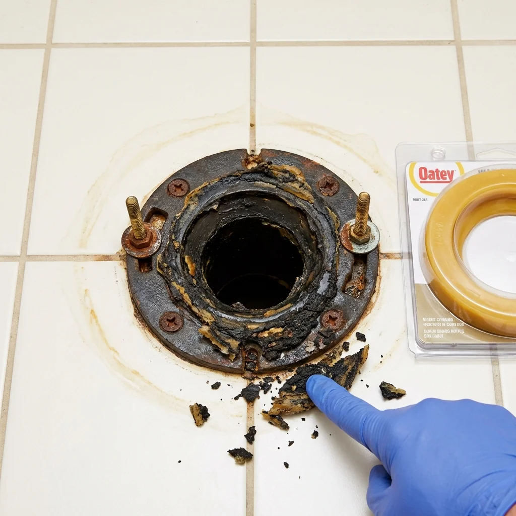 Failed wax ring showing water seepage at the base of a toilet in a Northport, NY home