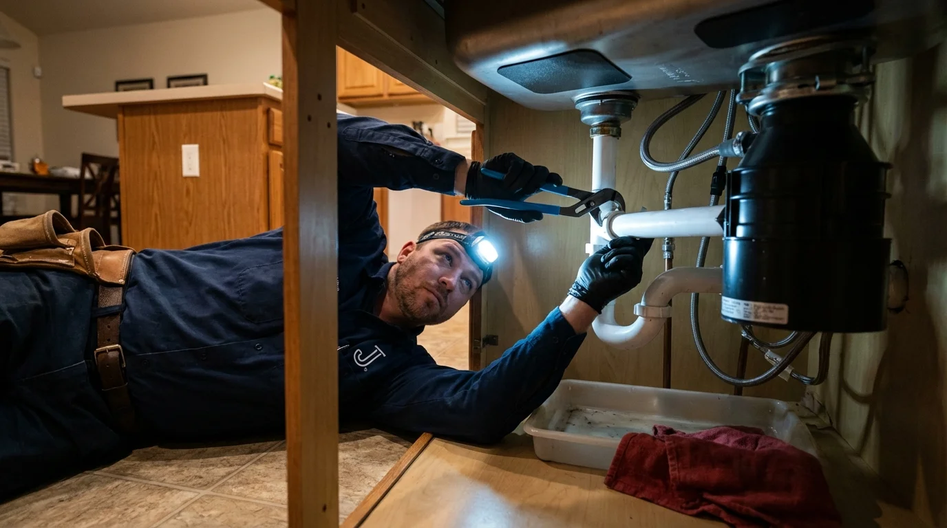 P-trap and supply line connections under a kitchen sink showing a common leak point in Northport, NY